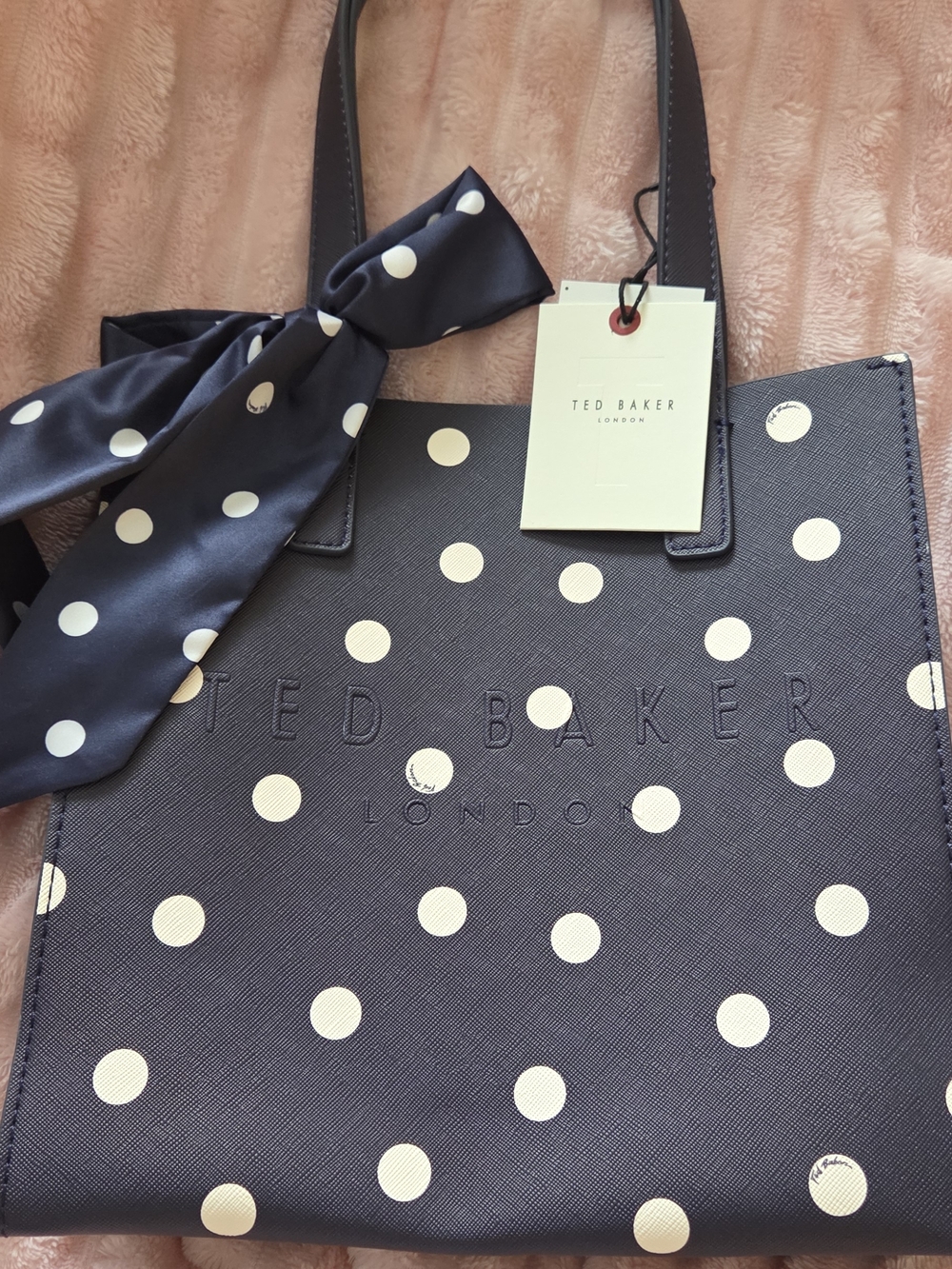 Ted Baker Navy and White Polka Dot Tote with Scarf Accent